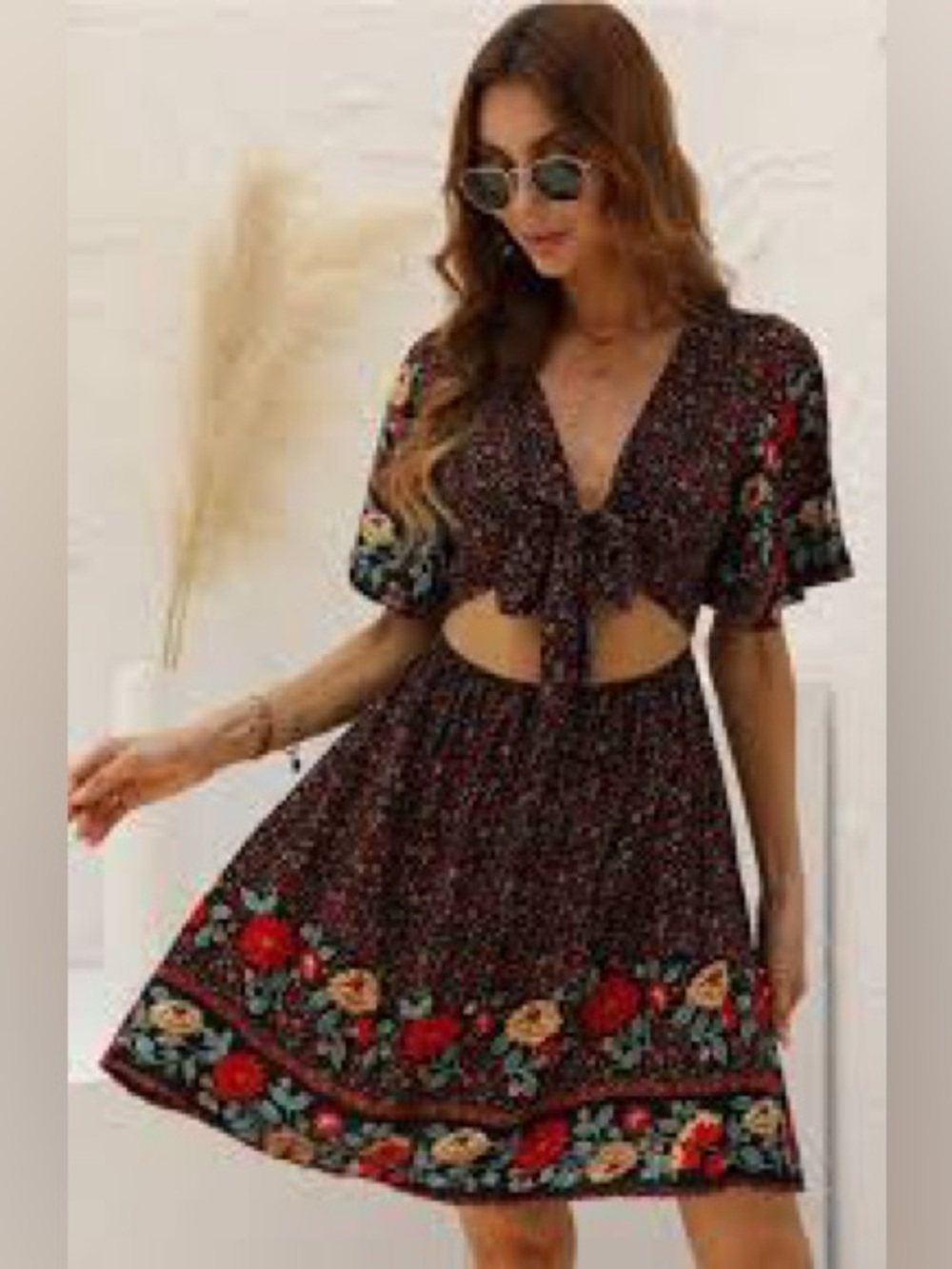 Black Floral tie-front mini/midi dress with Red & Yellow Accents